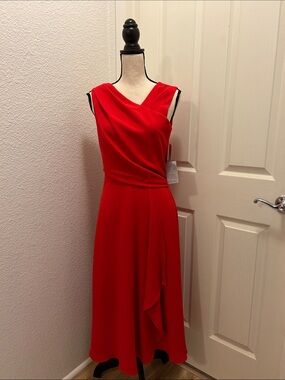NWT Donna Ricco Red Draped V-Neck Midi Dress, 4